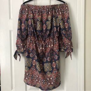 Off The Shoulder Geometric Tie Sleeve Mini Dress Orange Yellow Blue Large